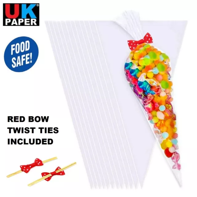 Cone Sweet Bags Clear Cellophane Gift Party Cones Bags for Sweets with Ties Bows