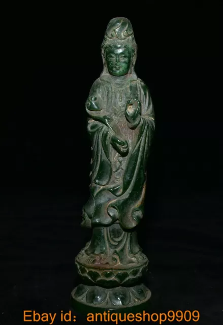 8.2 " Old Chinese Green Jade Carved Guanyin Kwan-Yin Goddess Ruyi Lotus Statue