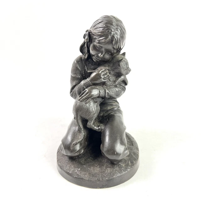 Heredities Black Resin Girl Holding Cat Sculpture By Pauline Parsons