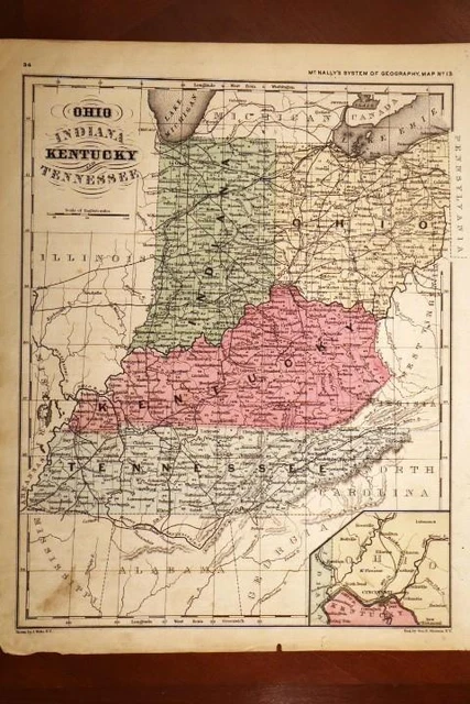1872 Rare Antique Mcnally Atlas Map-Ohio, Indiana, Kentucky, & Tennessee