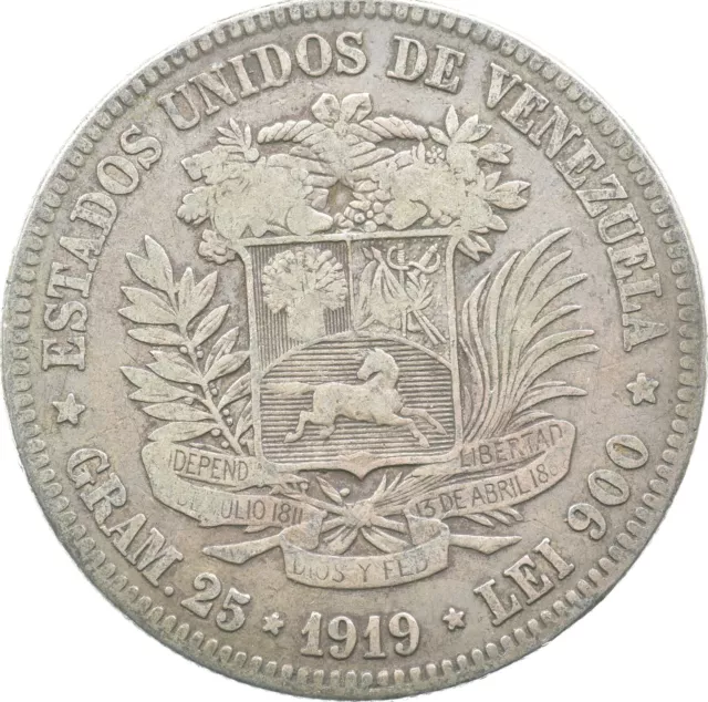 SILVER - WORLD COIN - 1919 Venezuela 5 Bolivares - World Silver Coin *777