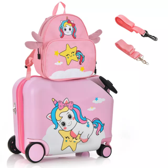 2PCS Kids Luggage Set 18" Suitcase and 12" Backpack Travel Bag Gift w/Wheels
