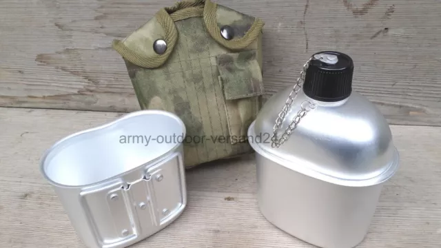 US Alu Feldflasche & Stofftasche HDT-CAMO FG & Trinkbecher Trinkflasche Camping