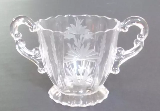 Vintage Clear Glass Etched Floral Footed Sugar Bowl with Double Handles 3"H