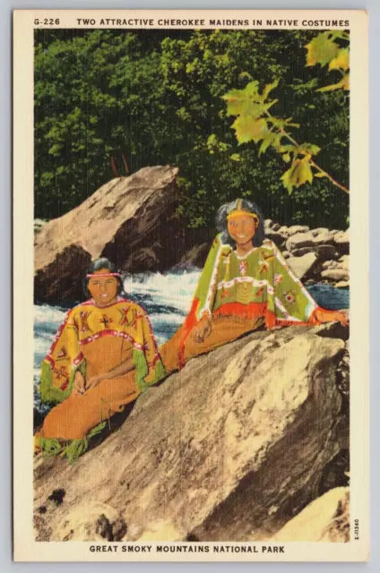 NC Cherokee Indian Maidens Great Smokey Mtns National Park Vtg Postcard B7