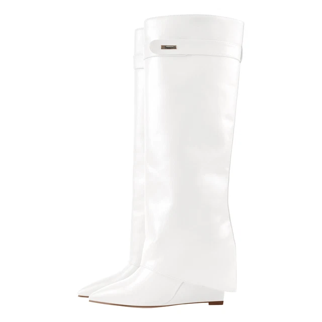 Women Pointed Toe Wedge Heel Casual Faux Leather Boots Fold-Over-Knee-High Boots