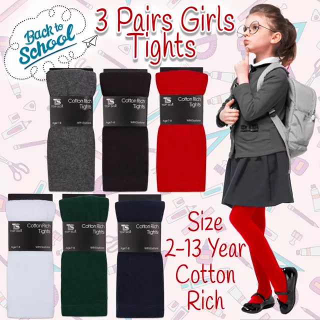 Girls Childrens 3 Pairs Plain Tights Back To School Everyday Cotton Rich UK New