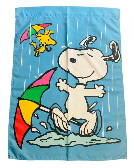 Vtg. Peanuts SNOOPY Woodstock In The Rain Garden Yard Flag Outdoor 29" x 41" EUC