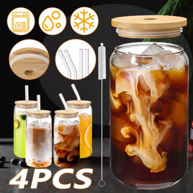 4PCS Bubble Tea Becher Gläser mit Deckel und Strohhalm Trinkgläser Einmachgläser