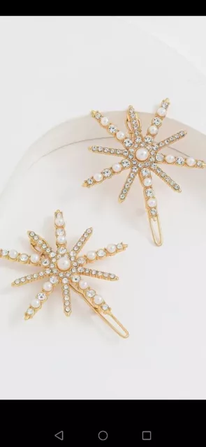 Pair Of Gold Colour Pearl /Diamanté Starburst Hair Clips