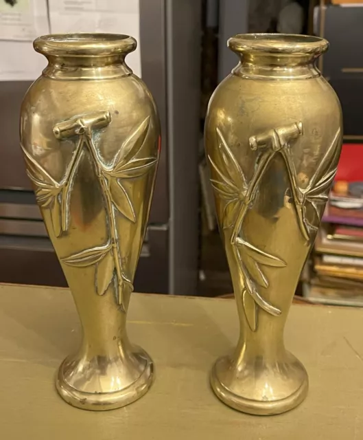 Ancienne Paire de Vases en Bronze , Japon 19ème décor Bambou