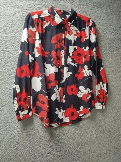 J Crew Shirt Womens Size 2 Black Red White Floral 100% Silk Button Up Blouse Top