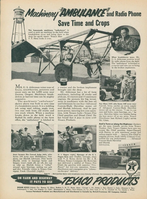 1955 Texaco Machinery Ambulance Radio Phone Alderman Farms Vintage Print Ad FJ1