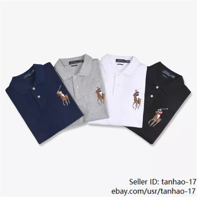 NWT Men Short Sleeve Custom Slim Fit Mesh Cotton Big Pony Polo Shirt Size S-2XL