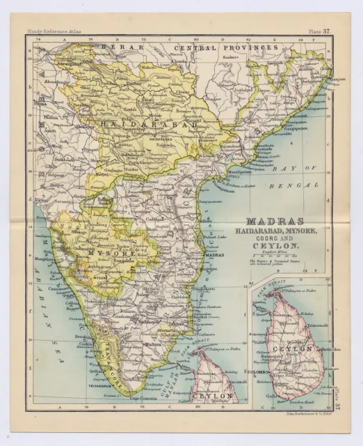 1912 Antique Map Of Madras Hyderabad Mysore British India / Verso Madras Chennai