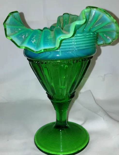 Northwood/Jefferson Glass Green Opalescent Fluted Bars & Beads Footed Vase 7"