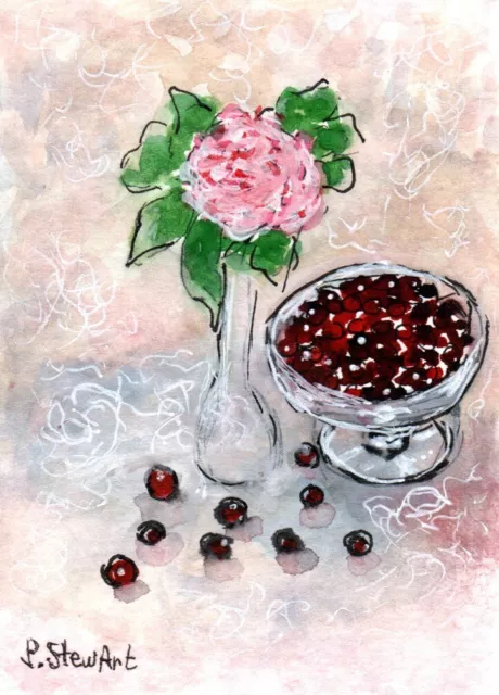 ACEO Flower Rose Fruit Bowl cherries loose watercolor Still Life Penny StewArt