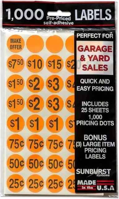 Garage Yard Tag Sale Pre-Priced Printed Stickers, 1000 Count, Orange