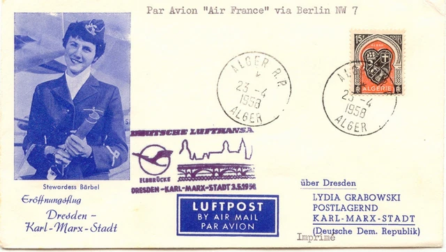 ALGERIEN 1958 Zuleitung m AIR FRANCE aus ALGER Erstflug DRESDEN-KARL-MARX-STADT