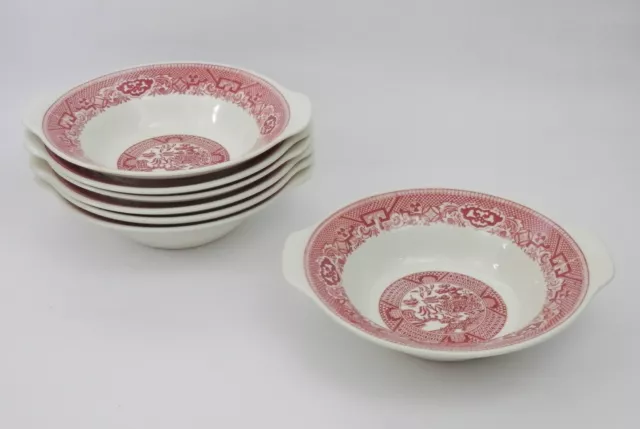 Set of 7 Vintage Royal China Willow Ware Pink/Red Lugged / Handled Cereal Bowls