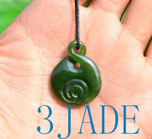 Natural Green Nephrite Jade Twist Pendant with Swirl NZ Maori Design Necklace