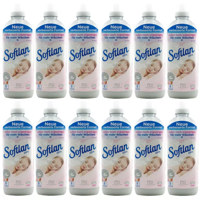 Softlan Ultra Fabric Softener Soft & Mild 12 x 1 Litre 40WL With Almond Milk