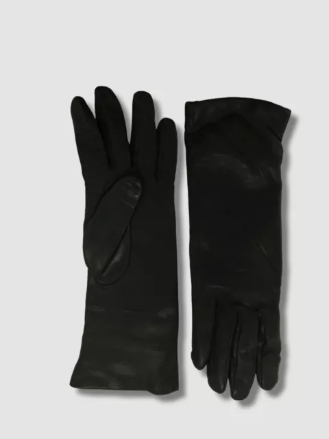 $220 Agnelle Women's Black Lambskin Leather Cashmere Winter Gloves Size 7