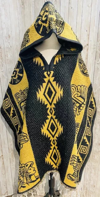 MEXICAN PONCHO CALENDARIO Azteca With Hoodie SIZE FITS All Sarape ...