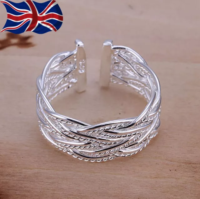 925 Sterling Silver plated Adjustable Ring Weave Twist Rope Thumb Finger UK