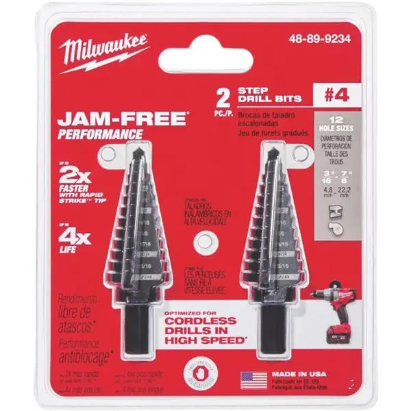 (1-2pk)-Milwaukee High-Quality 3/16 In. - 7/8 In. by 1/16 In. #4 Step Drill Bit