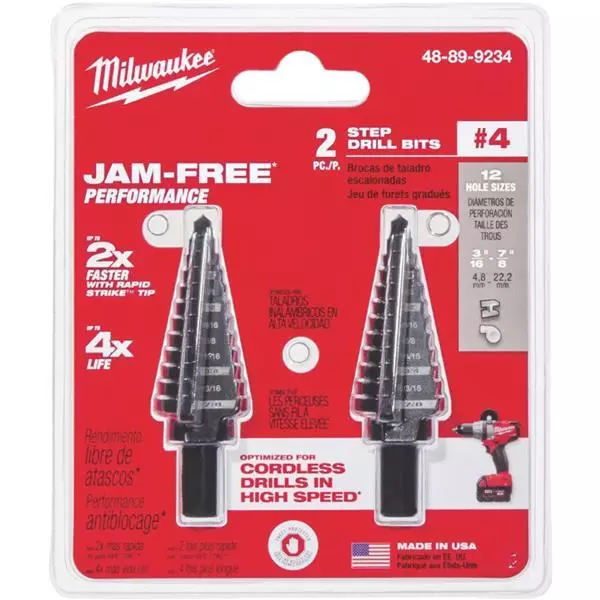 (1-2pk)-Milwaukee High-Quality 3/16 In. - 7/8 In. by 1/16 In. #4 Step Drill Bit