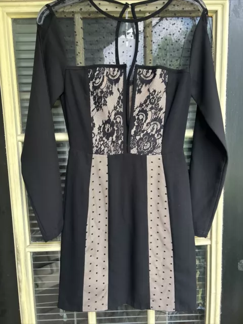 Endless Rose Black/Cream Round Neck Long Sleeve  Mini Dress NWT Size XS-S