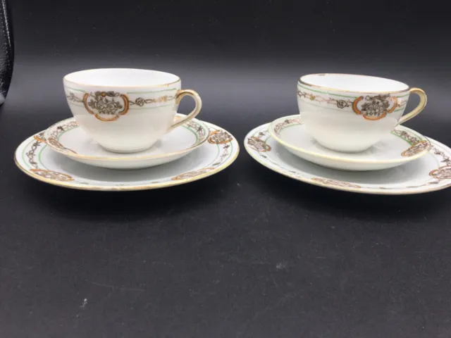 Nippon Tea Cup & Saucer Trio Set White w Gold Raised Beaded Hand Painted 6 pc