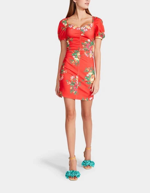 Betsey Johnson Fire Flower Dress Floral Red Puff Sleeve Ruched NWT Womens Small