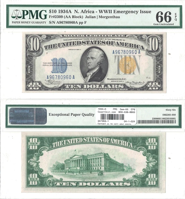 1934-A $10 Silver Certificate North Africa Fr 2309 PMG Gem Unc-66 EPQ