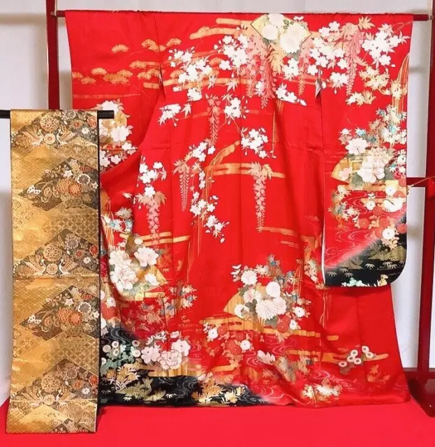 Japanese Kimono "Furisode" "Fukuro obi" 2 piece set/Luxury Red Gold embroidery