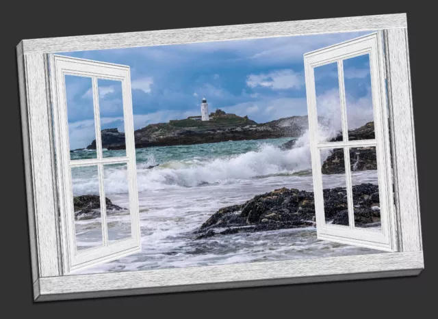 Godrevy lighthouse, Nr St Ives Cornwall. Window frame style Canvas picture print 2
