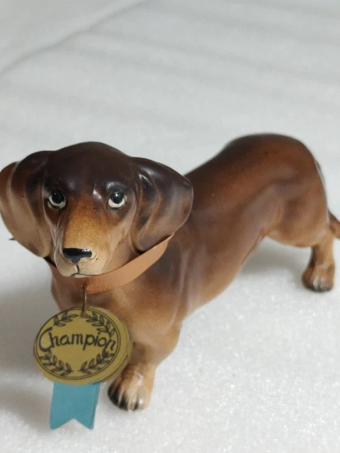Vintage 5" Brown Porcelain Dachshund Dog  Figurine With Champion Collar # C6741