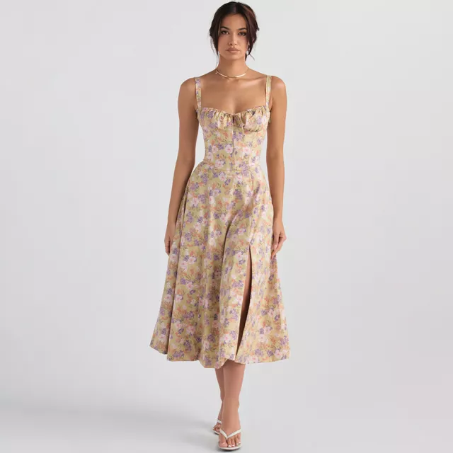 Women Sexy Backless Slim Floral Print Split Slip Soft Long Dress