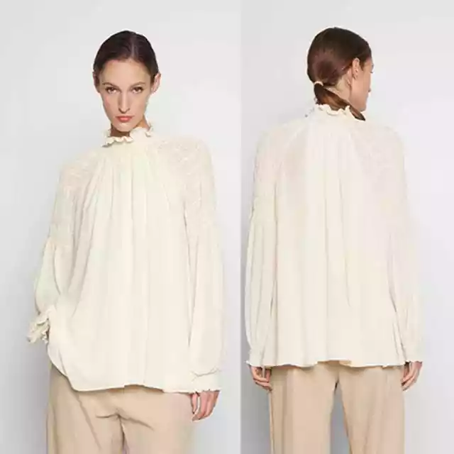 NWT See by Chloe Georgette Ruffled Neck Soft Ivory Long Sleeve Blouse Top