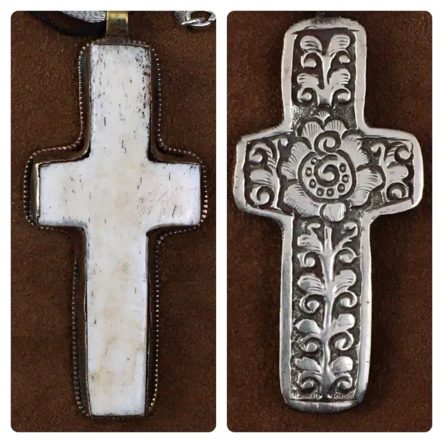 HANDMADE Repousse "Tibetan Silver" and Bovine Bone Cross w/ Triple Silk cord