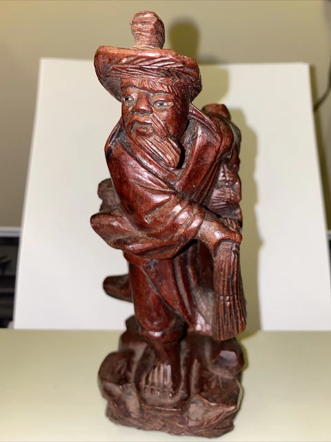 CHINESE WOOD HAND CARVED FISHERMAN FISHER FISH OLD MAN SCULPTURE 6” Tall