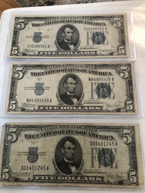 1934 Five Dollar Blue Seal Silver Certificates 1934A-C-D (3)