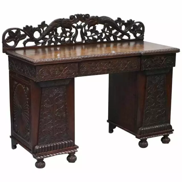 Lovely Anglo Burmese 19Th Century Hand Carved Sideboard With Drawers & Cupboards