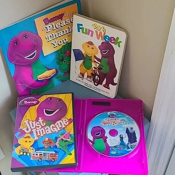 BARNEY FRIENDS Set Of DVD s Set Of Books BJ Baby Bop Imagine Purple barney-friends-set-of-dvd-s-set-of-books-bj-baby-bop-imagine-purple