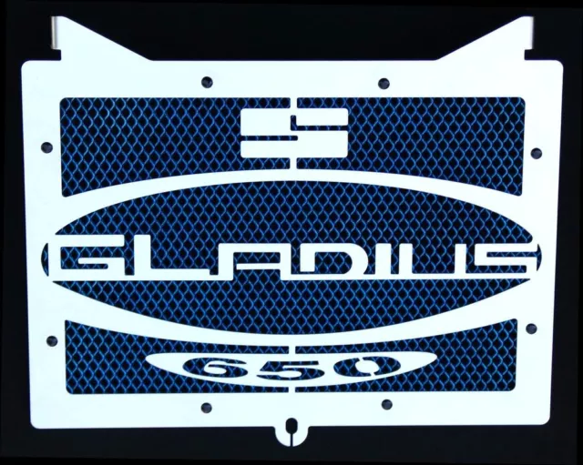 cache / Grille de radiateur inox poli 650 SVF Gladius "Logo" + grillage bleu