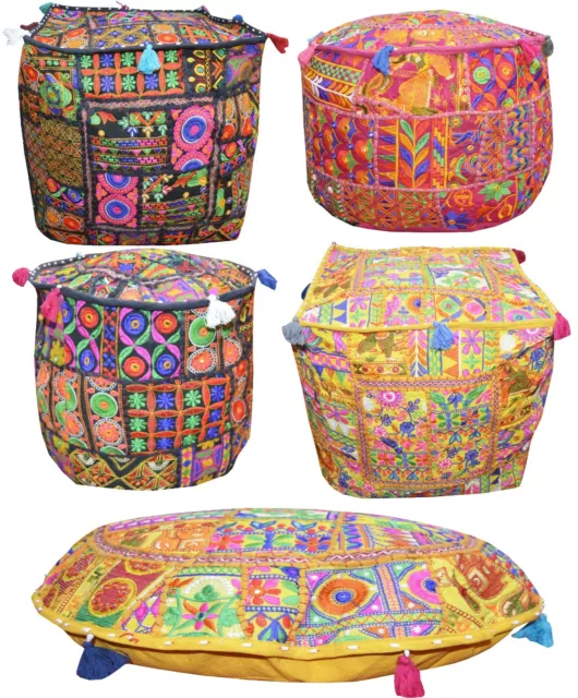 Indian Patchwork Ottoman Pouf Cover Vintage Moroccan Footstool Assorted Design