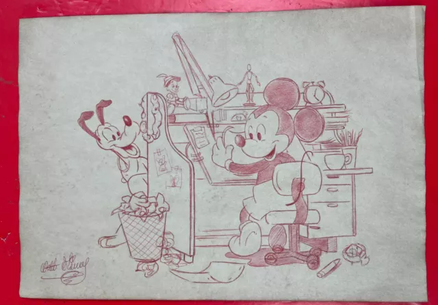 Walt Disney (Handmade) Drawing Painting Inks on old paper signed & stamped