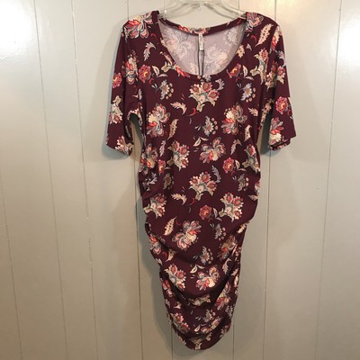 Mother Bee Maternity Burgundy Multi Floral Stretch Short Sleeve Ruched Dress XL