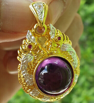 Purple Naga Eye Gem Pendant Gold Micron Talisman Jewelry Thai Buddha Amulet